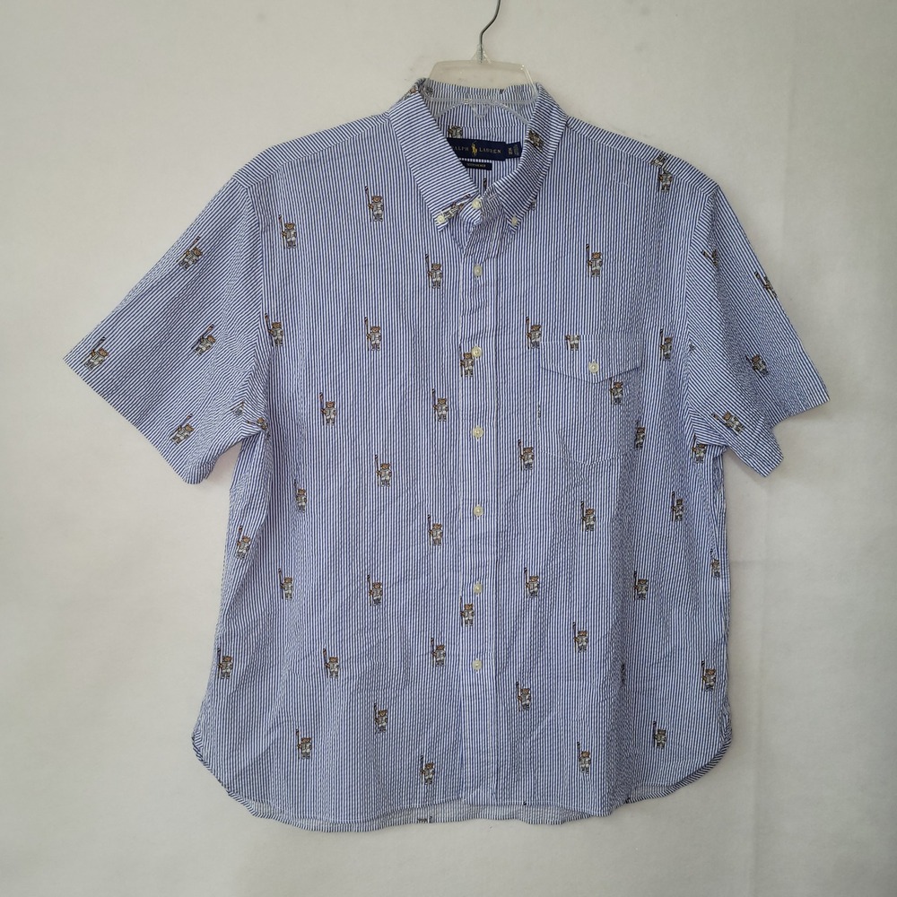 Ralph Lauren Classic Fit Striped Seersucker Boating Bear‎ Shirt Mens XL Blue